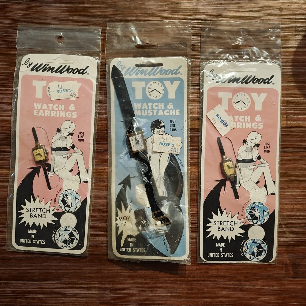 Vintage Winwood Toy Watch‎ & Paper Mustache Earrings Just Like Mom Dad Lot 3 USA